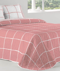 COLCHA BOUTI REVERSIBLE CUADROS ROSAS